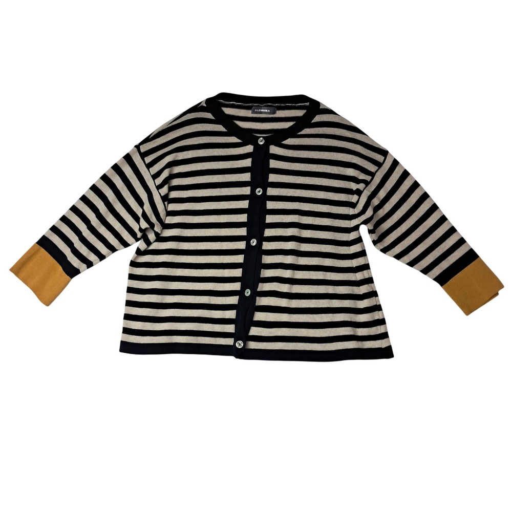 Alembika Moana Cardigan Womens Large Black Striped Button Up Preppy Nautical